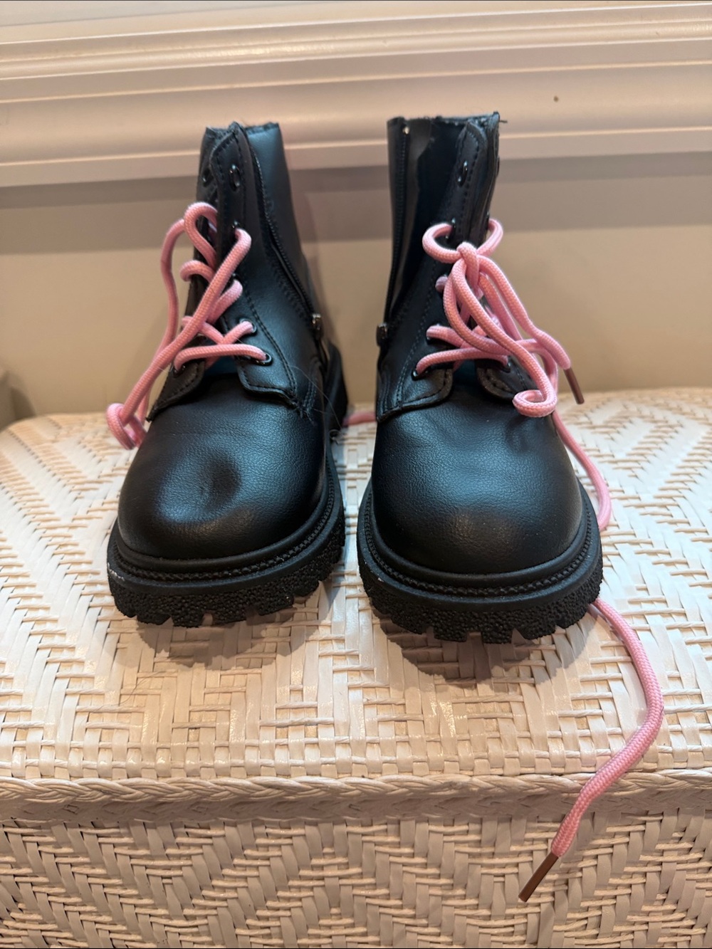 SHEIN Black Kids Lace-Up Combat Boots with Pink Laces